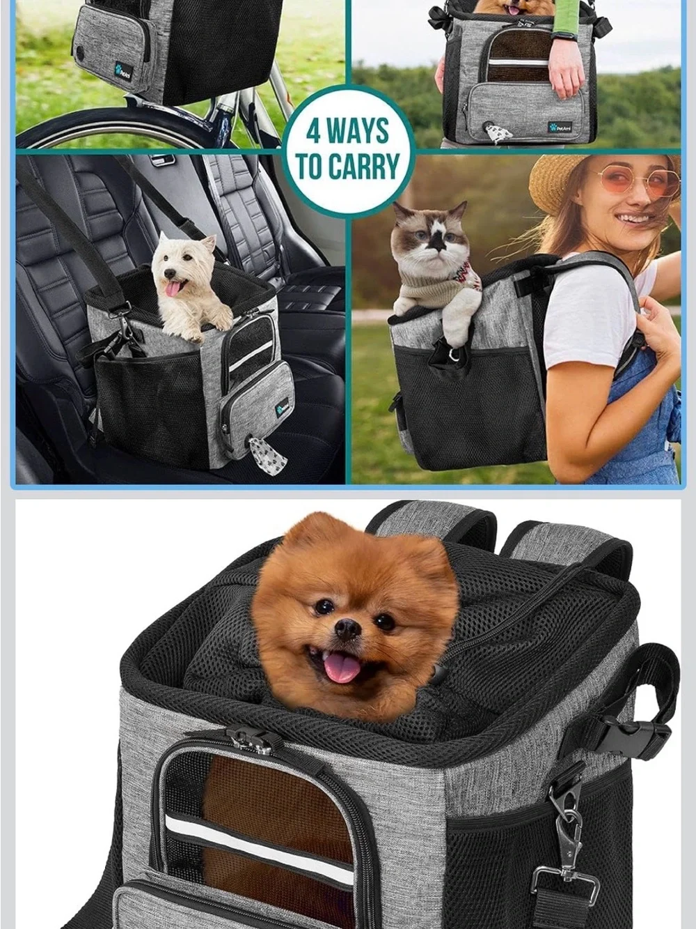 PetAmi Gray Pet Bicycle Backpack - Foldable Travel Carrier